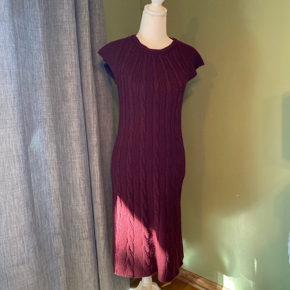 Calvin Klein Burgundy Merino Wool/Acrylic Sweater Dress with Bell Sleeves EUC XS